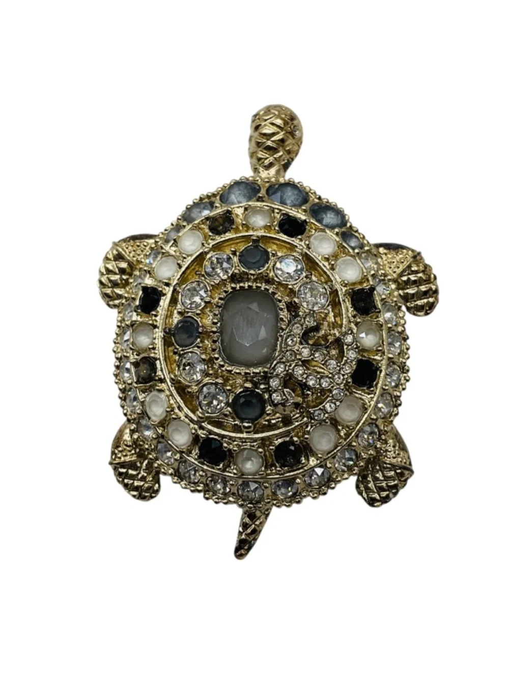 CHANEL 2019 CC LOGO STRASS CRYSTAL EMBELLISHED LIGHT GOLD TURTLE BROOCH
